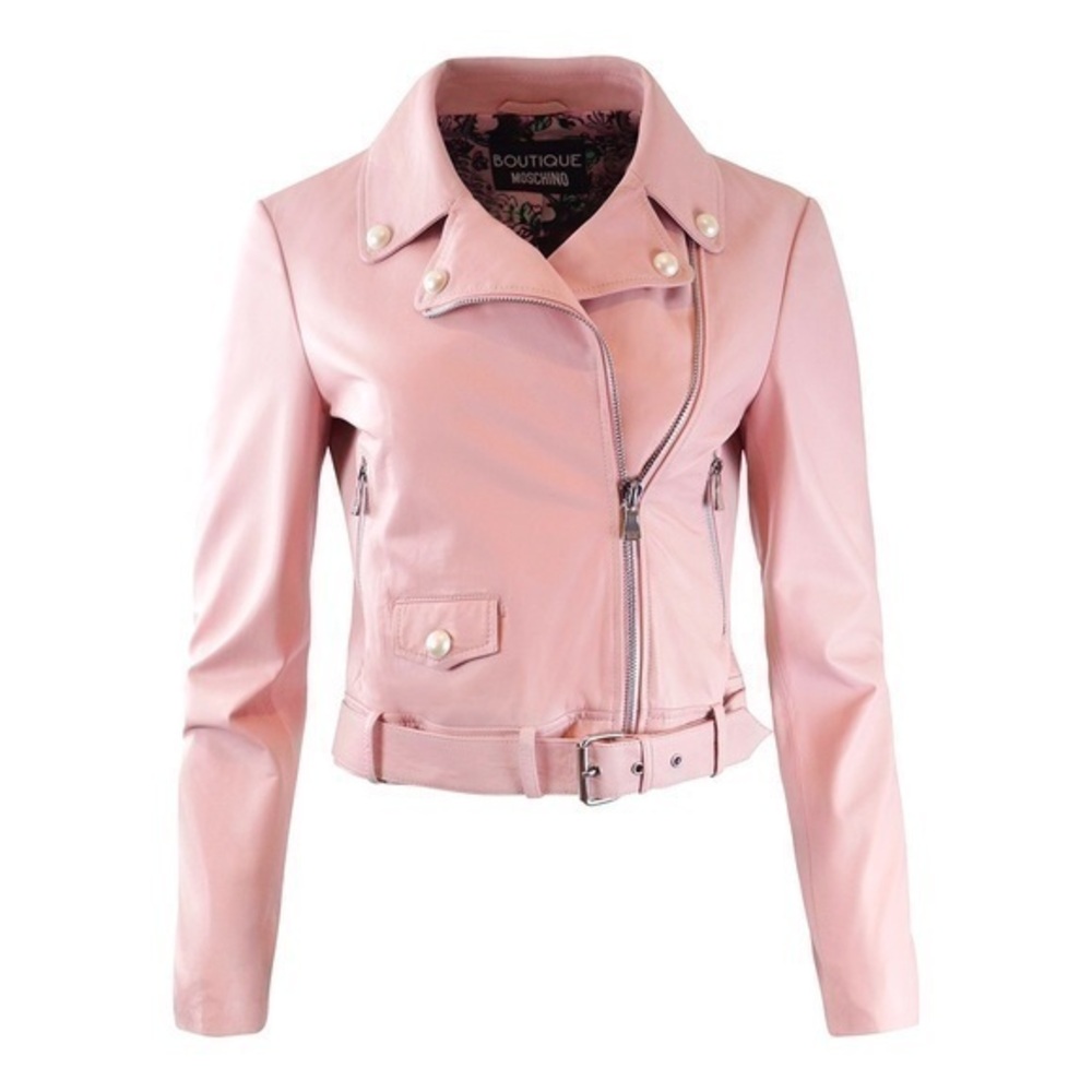 NWT Boutique Moschino Pearl-Trim Leather Moto Jacket Italy size 38 US size 4